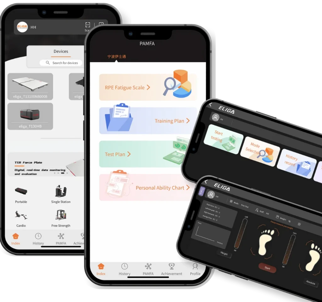 Интерфейс мобильного приложения ELIGA: вход по Face ID, личный план тренировок и аналитика прогресса