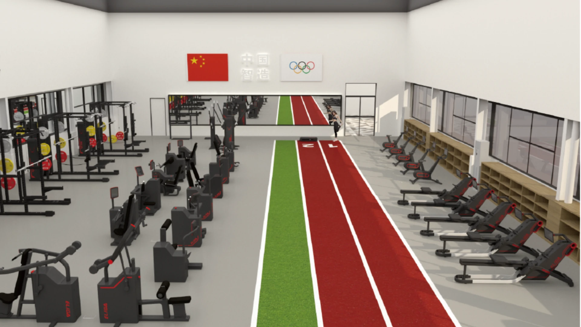 3D визуализация проекта умного фитнес-клуба с зоной спринта и цифровыми тренажерами